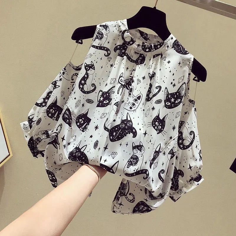 Cat Cartoon Print Chiffon Vint - Summer Clothing Cartoon review and price