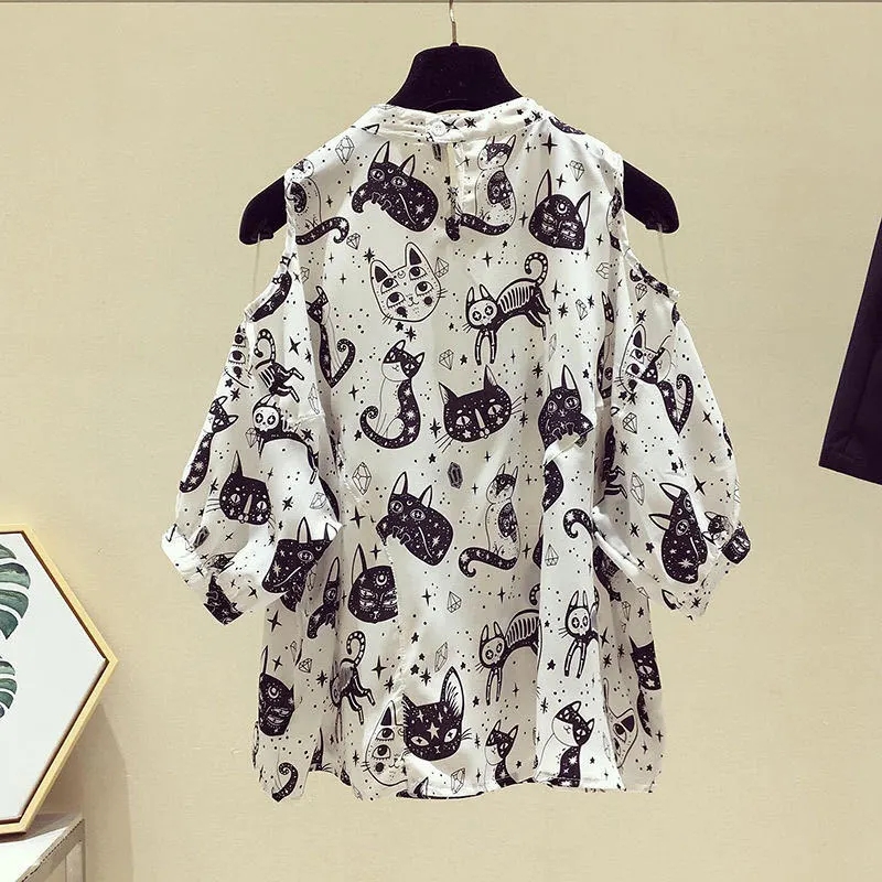 Cat Cartoon Print Chiffon Vint - Summer Clothing Cartoon review and price
