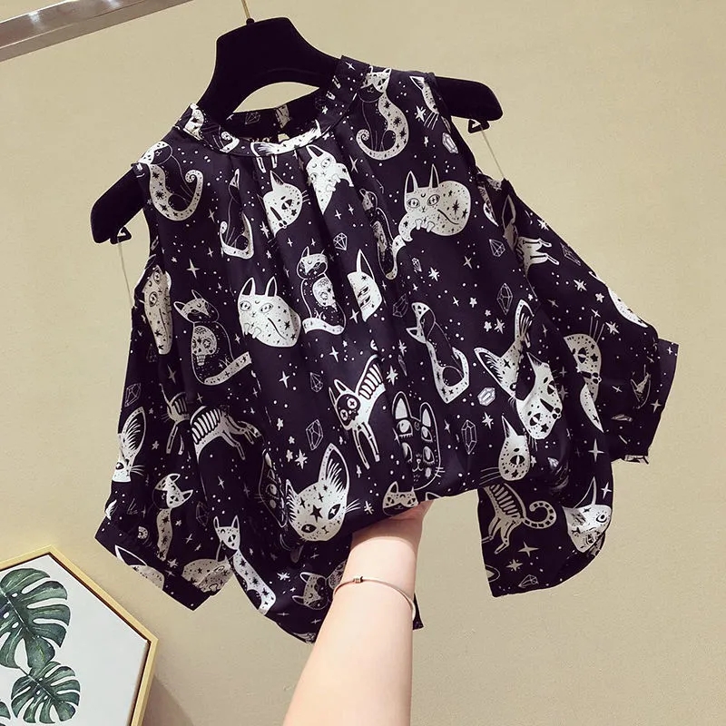 Cat Cartoon Print Chiffon Vint - Summer Clothing Cartoon review and price