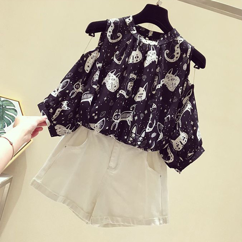 Cat Cartoon Print Chiffon Vint - Summer Clothing Cartoon review and price