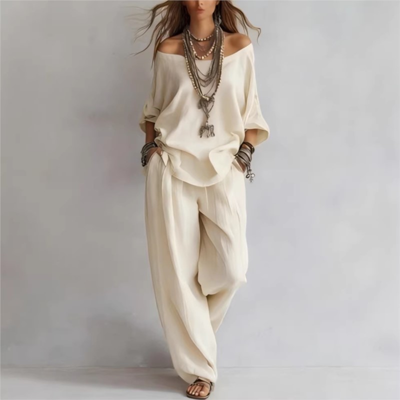 Women's Two-piece Three-quarte - Summer Linen Clothing For Women review and price